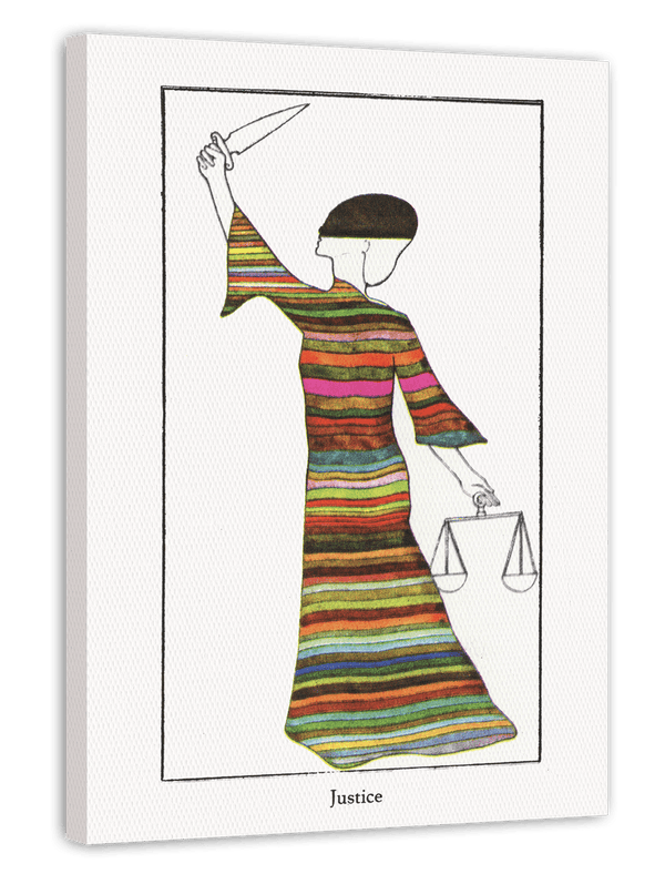 Tarot Justice - Die Gerechtigkeit - Justicia im bunten Kleid mit Schwert