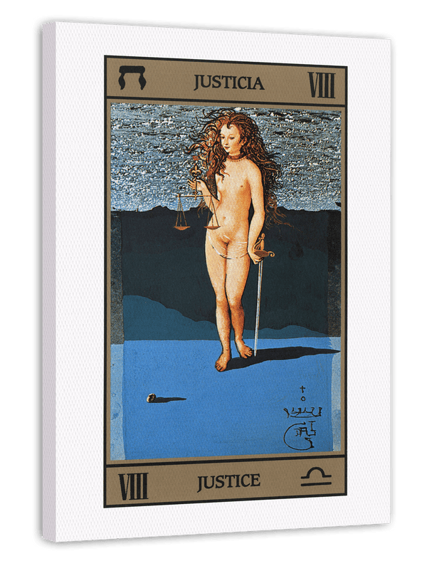 Justice - Blaue Tarot Karte mit Justicia - Die Gerechtigkeit