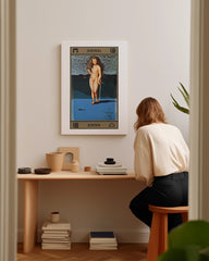 After Hover: Justice - Blaue Tarot Karte mit Justicia - Die Gerechtigkeit