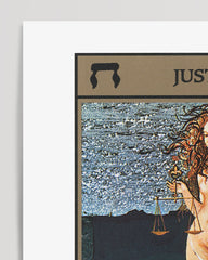 After Hover: Justice - Blaue Tarot Karte mit Justicia - Die Gerechtigkeit