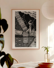 After Hover: Tarot - The Tower - Spirituelle Illustration in Schwarz-Weiß