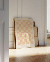 After Hover: Schachbrett Muster in Gelb und Apricot