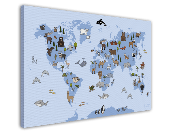 Weltkarte mit Tieren für das Kinderzimmer in Blau
