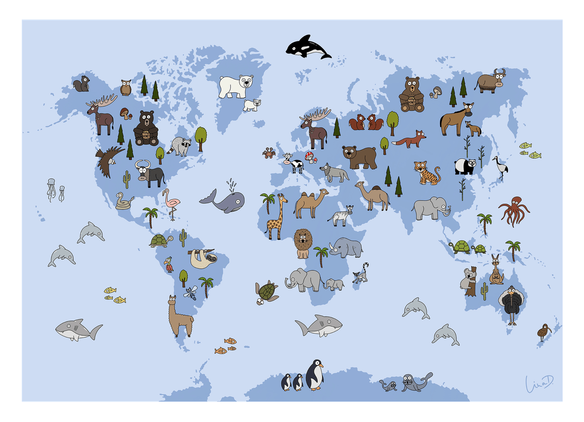 Weltkarte mit Tieren für das Kinderzimmer in Blau