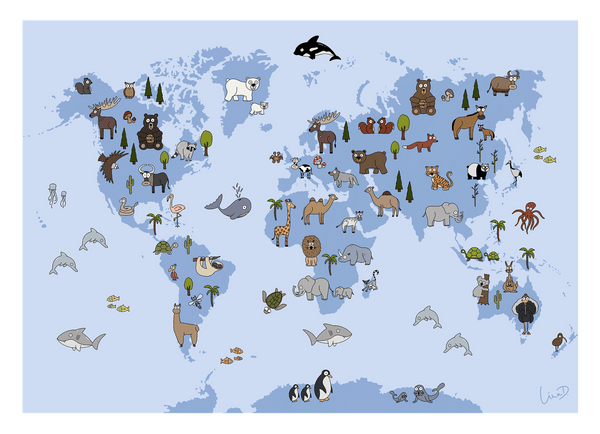 Weltkarte mit Tieren für das Kinderzimmer in Blau