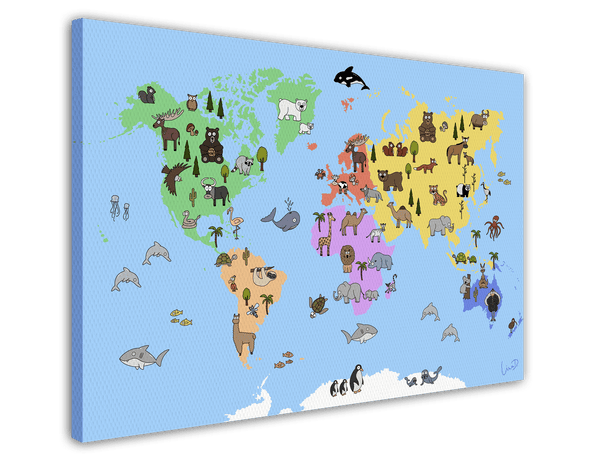 Bunte Weltkarte für das Kinderzimmer - Spielerisch lernen mit Tieren