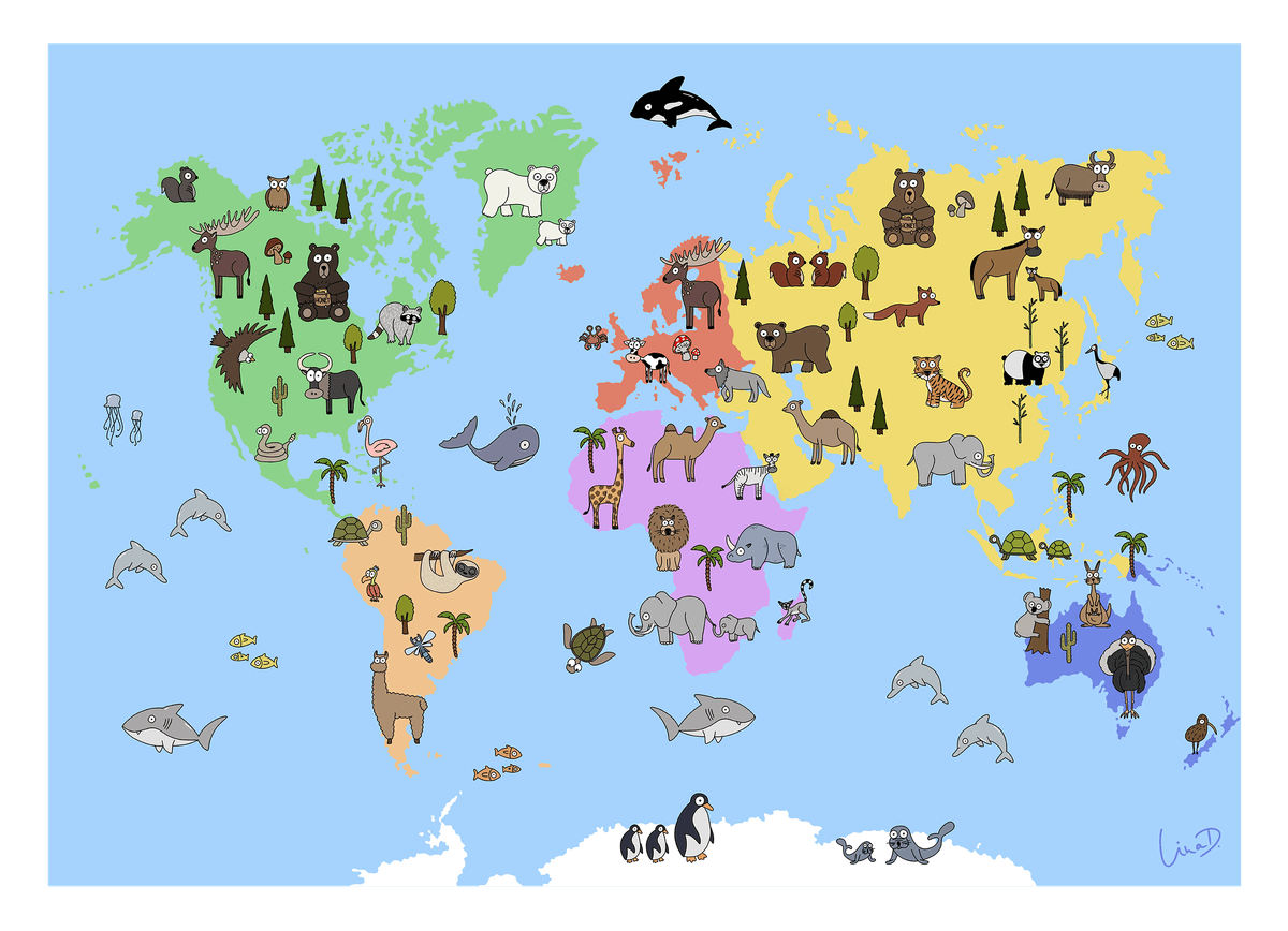 Bunte Weltkarte für das Kinderzimmer - Spielerisch lernen mit Tieren