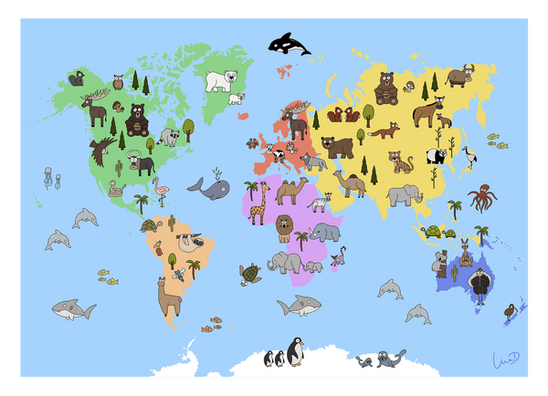 Bunte Weltkarte für das Kinderzimmer - Spielerisch lernen mit Tieren