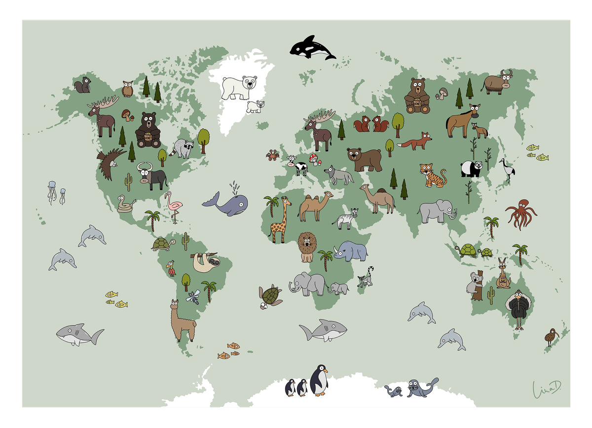 Weltkarte mit Tieren in Grün - Spielerisch lernen im Kinderzimmer