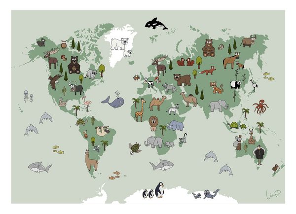 Weltkarte mit Tieren in Grün - Spielerisch lernen im Kinderzimmer