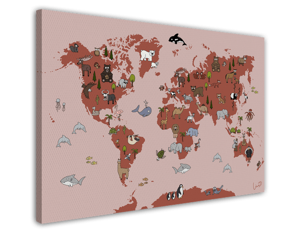 Kinder Weltkarte mit Tieren in Rot