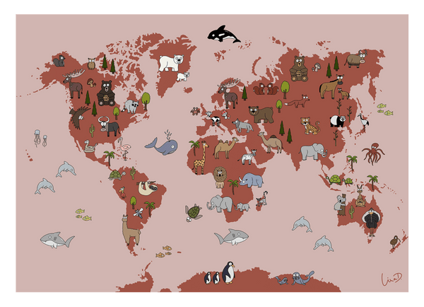 Kinder Weltkarte mit Tieren in Rot