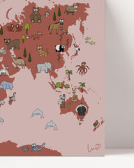 After Hover: Kinder Weltkarte mit Tieren in Rot