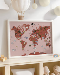 After Hover: Kinder Weltkarte mit Tieren in Rot