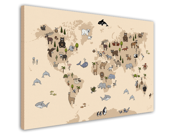 Weltkarte mit Tieren für das Kinderzimmer in Beige