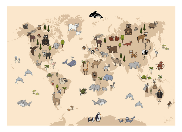 Weltkarte mit Tieren für das Kinderzimmer in Beige