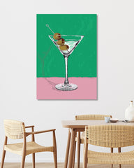After Hover: Martini Cocktail Illustration mit Oliven in Grün-Pink