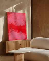 After Hover: Rosa Wolken - Abstrakte Pinselkunst auf Rot