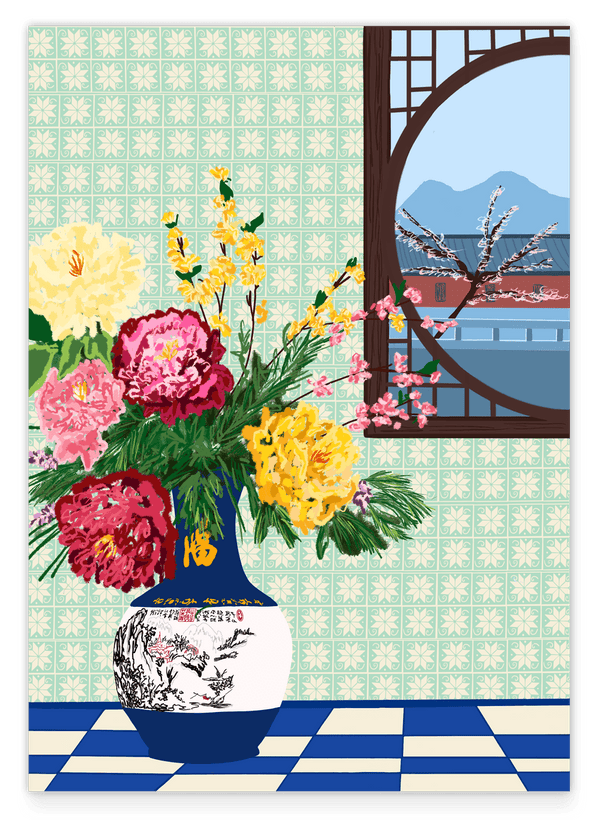 Bunter Blumenstrauß in asiatischem Ambiente