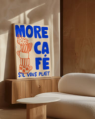 After Hover: More Café S'il Vous Plait - Modernes Kaffeebild mit Spruch