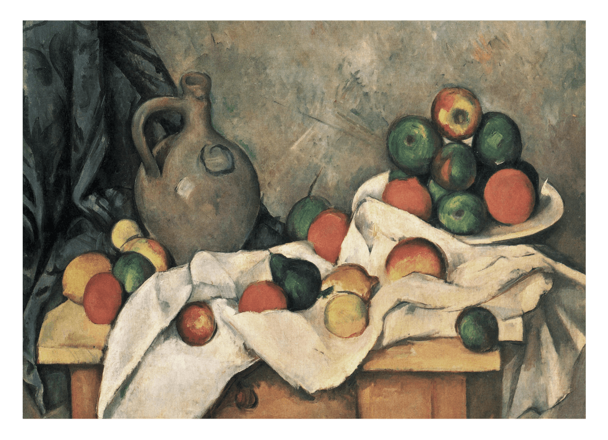 Paul Cézanne - Stillleben mit Vorhang, Krug und Obstschale