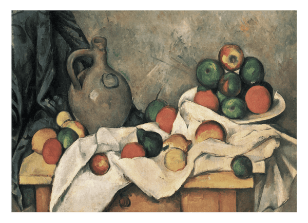 Paul Cézanne - Stillleben mit Vorhang, Krug und Obstschale