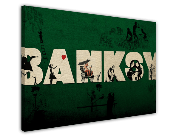 Banksy - Kollage Balloon Girl Rat Blumenstrauß Putzfrau Rikscha Polizist CCTV Peace Soldaten Eingeborene Aboriginies