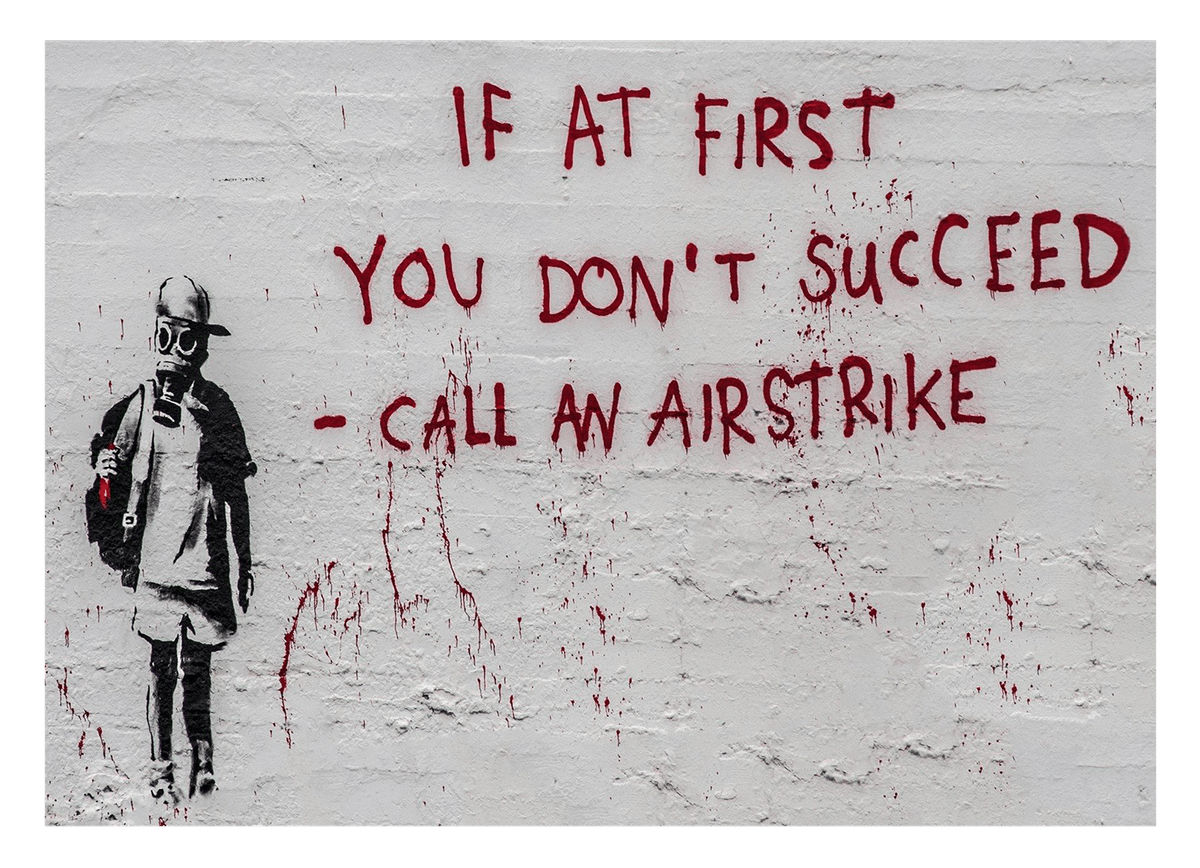 Banksy - Call an Airstrike Junge mit Gasmaske Graffiti Street Art