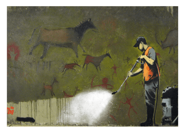 Banksy - Reinigungsmann entfernt uralte Wandbemalung Desaster Graffiti hip cool modern