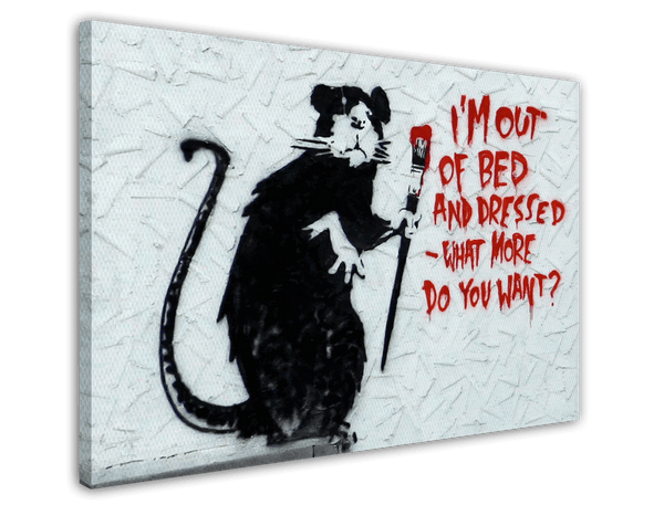 Banksy - Ratte mit Pinsel "What do you want?" Rat I'm out of bed Graffiti-Wandbild