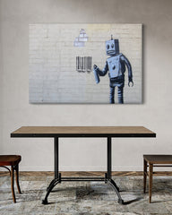 After Hover: Banksy - Roboter Robot sprüht Bar-Code auf Wand Graffiti-Wandbild cool stylisch modern urban