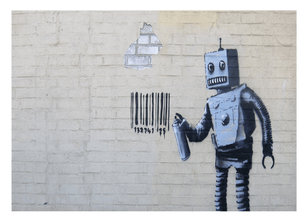Banksy - Roboter Robot sprüht Bar-Code auf Wand Graffiti-Wandbild cool stylisch modern urban
