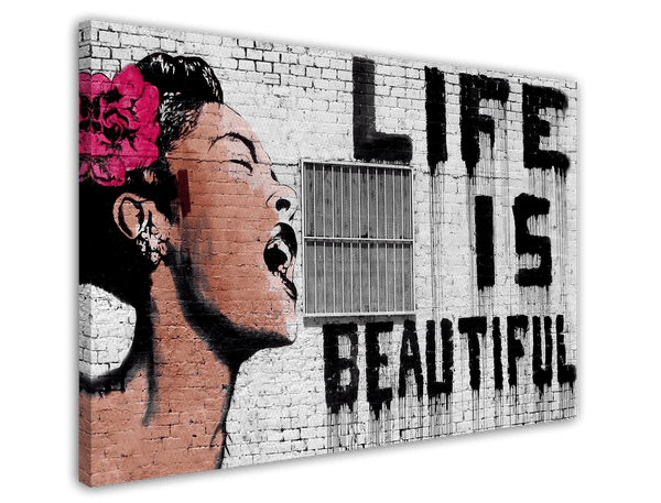 Banksy - Life is beautiful Frau mit Rose im Haar mit Schriftzug