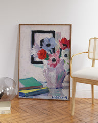 After Hover: Francis Campbell - Stillleben - Anemonen in der Vase mit grünem Buch