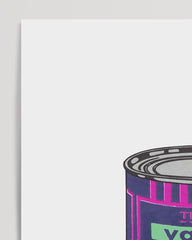 After Hover: Banksy Dose - Tomato Soup in Lila - Moderner Street Art Kunstdruck von Klein bis Groß