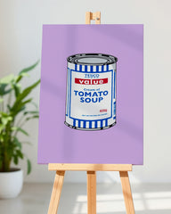After Hover: Banksy Dose - Tomato Soup auf violettem Hintergrund - Andy Warhol Pop-Art Style - Street Art Kunstdruck von Klein bis Groß