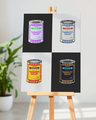 After Hover: Banksy Dose - Tomato Soup Kollage in Schwarz-Weiß - Pop Art Kunstdruck Modern Street-Art