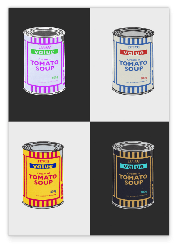Banksy Dose - Tomato Soup Kollage in Schwarz-Weiß - Pop Art Kunstdruck Modern Street-Art