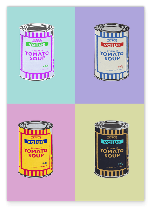 Banksy Dosen - Tomato Soup - Bunte Kollage im Andy Warhol Stil - Moderner Street-Art Kunstdruck Klein bis XXL