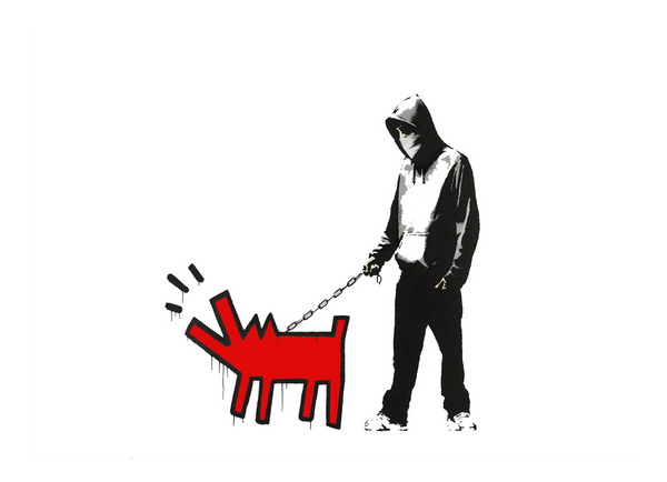 Banksy Keith Haring - Bellender Hund, Pop-Art Modern Street-Art, Kunstdruck Klein bis Groß XXL - Wohnzimmer, Schlafzimmer