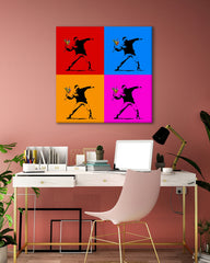 After Hover: Banksy Mann wirft Blumen in 4 Farben - Activism Collage- Modern Street-Art - Kunstdruck Klein bis Groß XXL - Geschenk Wohnzimmer, Schlafzimmer