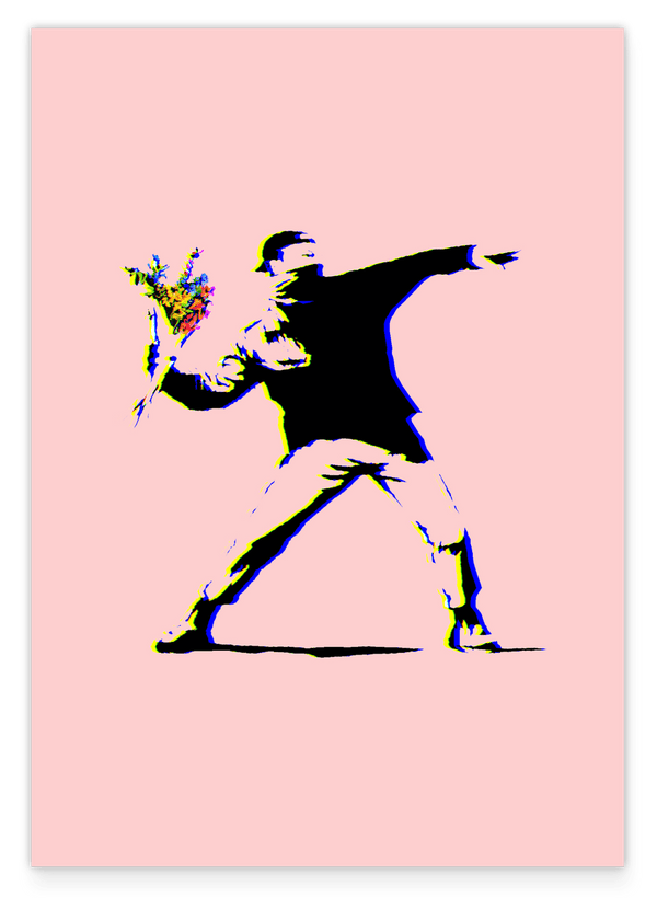 Banksy Mann wirft Blumen - Activism Kunstdruck in Rosa - Modern Street-Art - Klein bis Groß XXL