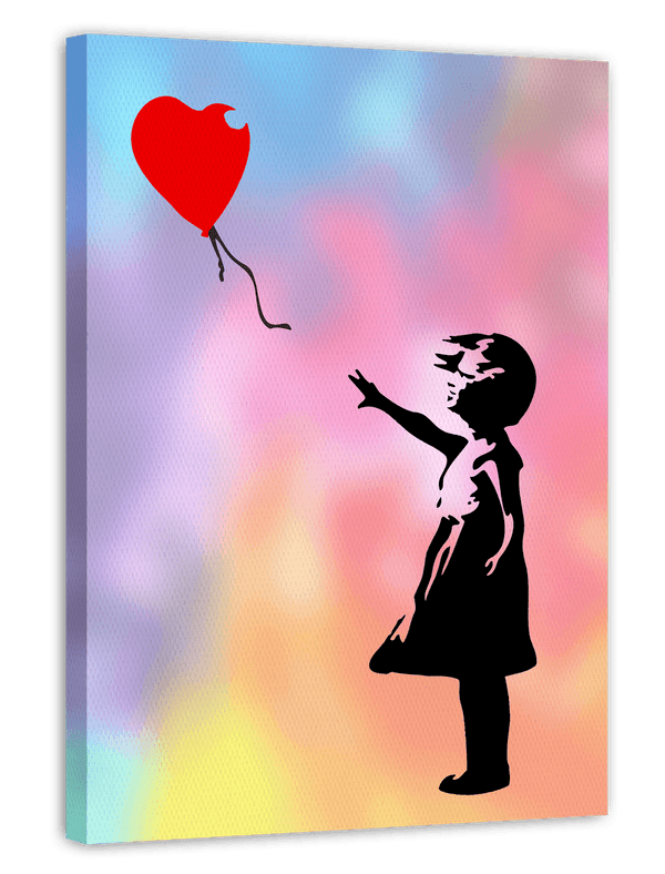 Banksy Mädchen mit Herz Luftballon auf buntem Hintergrund - Moderner Street-Art Kunstdruck