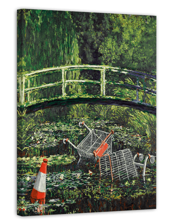 Banksy Meets Monet Japanische Brücke Seerosen - Klimaschutz Street-Art Moderner Kunstdruck Canvas