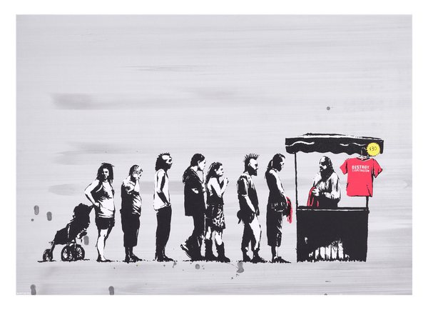 Banksy Warten in der Schlange -  Pop-Art Modern Street-Art Marketing - Kunstdruck Klein bis Groß XXL