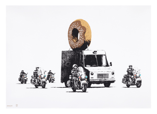 Donut und Bodyguards, Street-Art Banksy - Moderner Kunstdruck - Wohnzimmer, Inneneinrichtung Deko