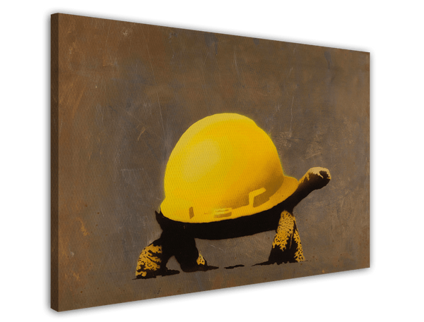 Schildkröte mit Helm, Street-Art Banksy Klimaschutz - Moderner Kunstdruck Canvas - Wohnzimmer, Inneneinrichtung Deko