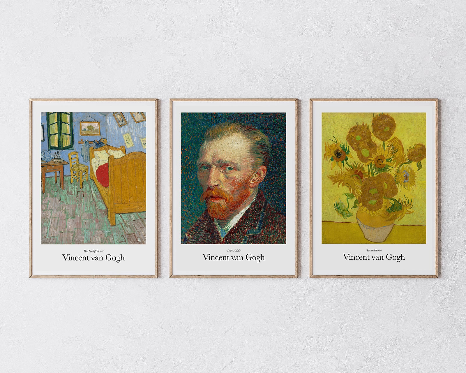 Set aus 3 Postern: Klassiker von Vincent van Gogh - Sonnenblumen, Selbstportrait & das Schlafzimmer