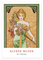 Alfons Mucha - Museum-Poster Frau in grünem Kleid mit Blumen