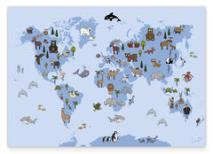 Weltkarte mit Tieren für das Kinderzimmer in Blau